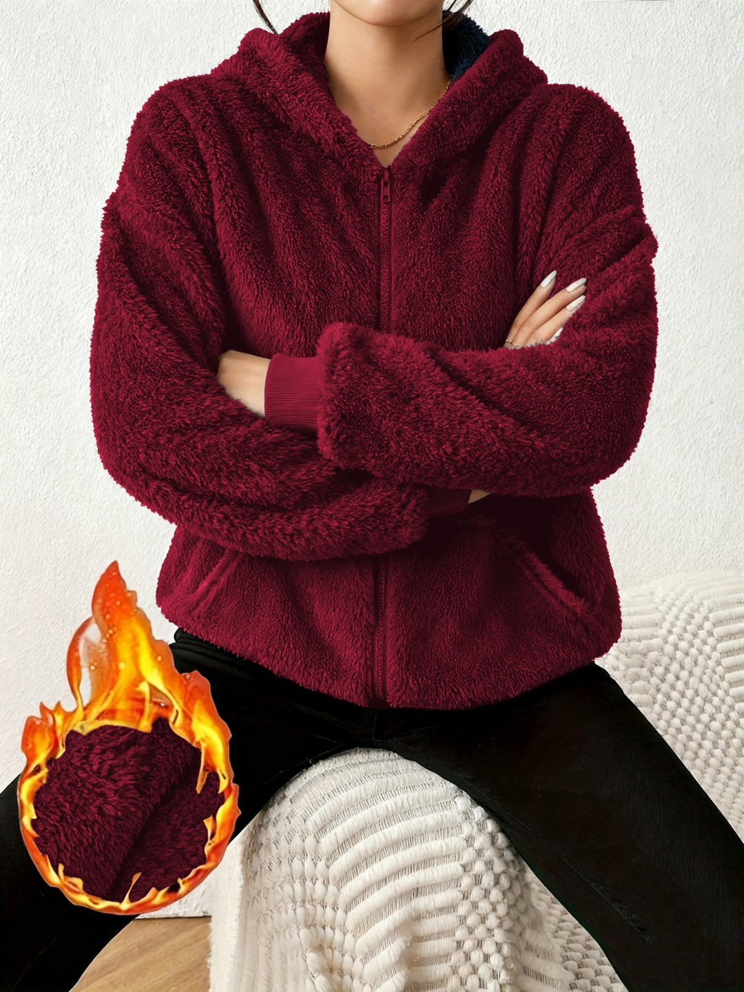 Lässiges, langes Sweatshirt in Uni-Farbe mit Kapuze – dick gefütterte, warme Jacke