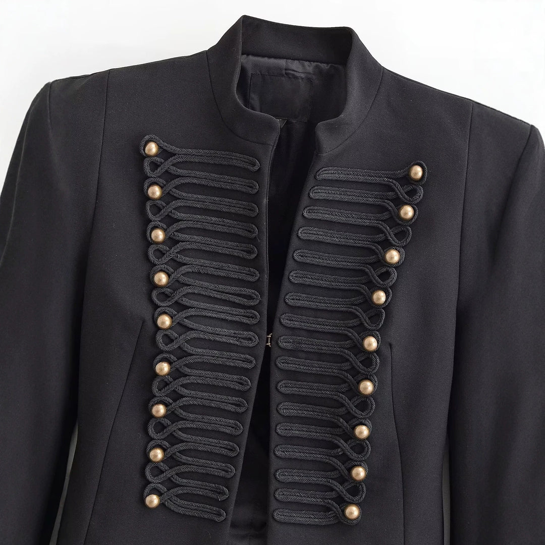 Damen Kastenfreie Militär-Jacke im Cropped‑Schnitt mit Stehkragen und Zierkordel-Detail Nord Taschen