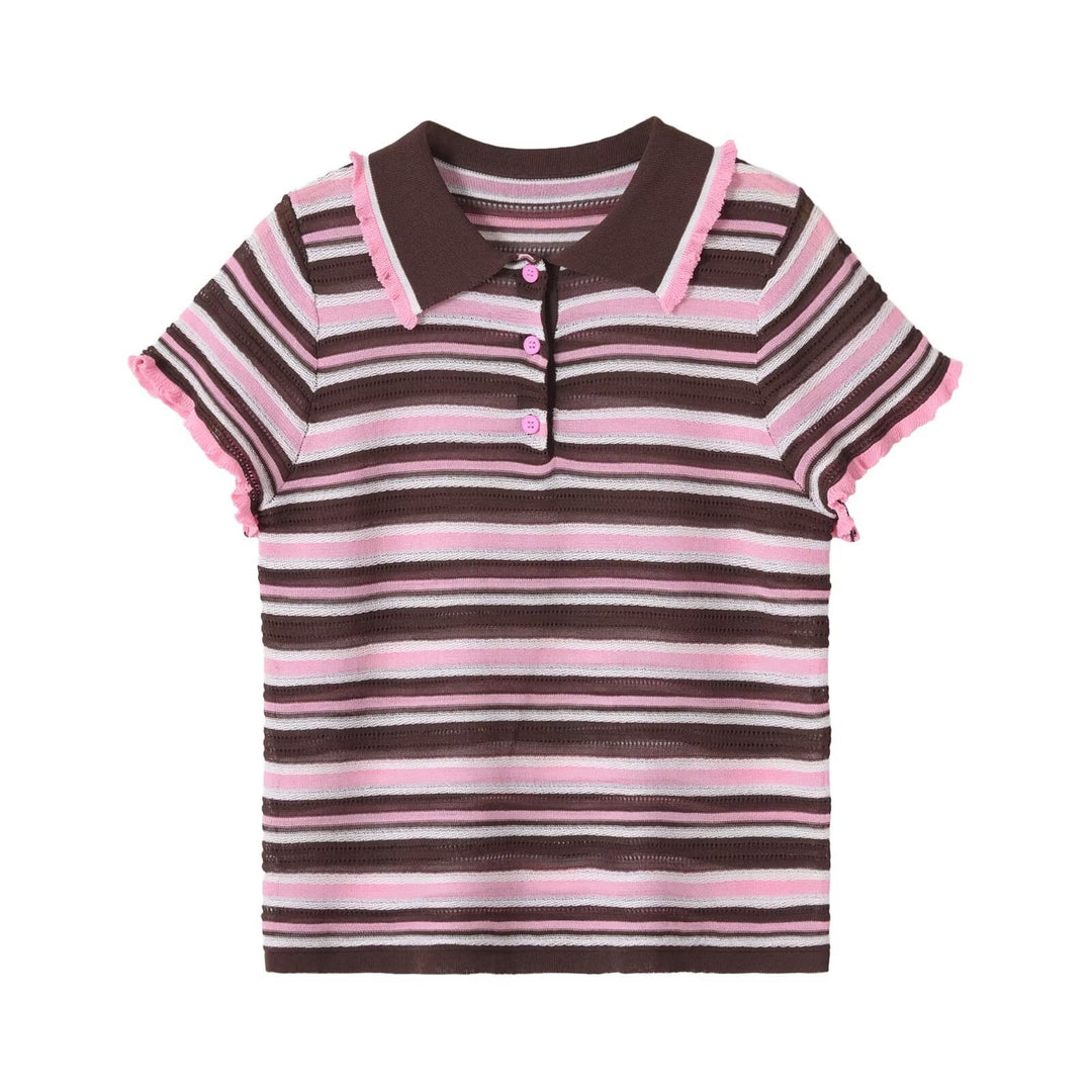 Damen Gestreiftes kurzärmeliges Poloshirt aus Feinstrick mit Rüschenkante und 3‑Knopf‑Leiste Nord Taschen