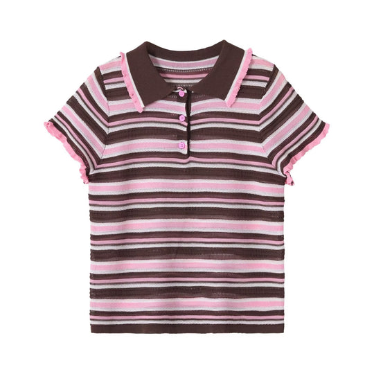 Damen Gestreiftes kurzärmeliges Poloshirt aus Feinstrick mit Rüschenkante und 3‑Knopf‑Leiste Nord Taschen