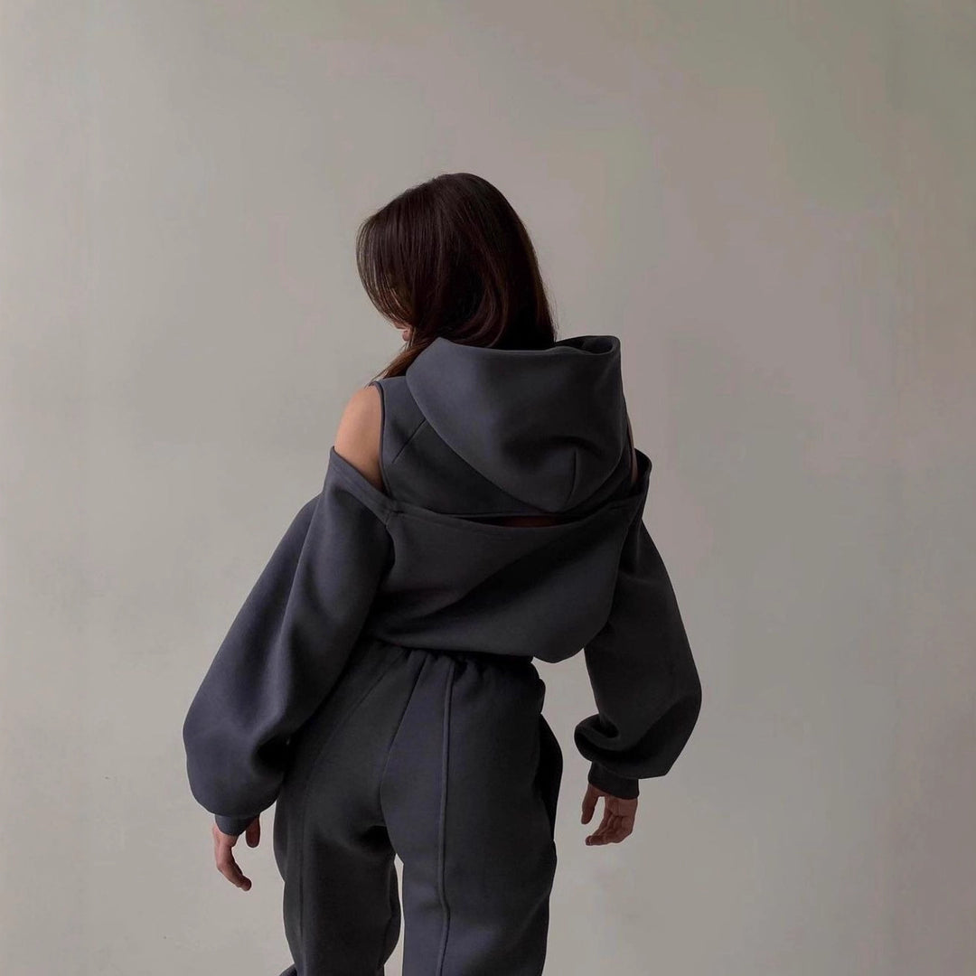 Damen Lässiges zweiteiliges Loungewear-Set mit Schulter-Cutouts und Stehkragen Nord Taschen