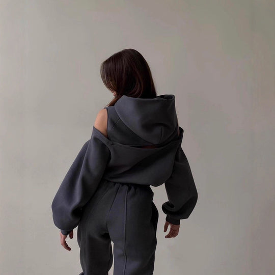 Damen Lässiges zweiteiliges Loungewear-Set mit Schulter-Cutouts und Stehkragen Nord Taschen