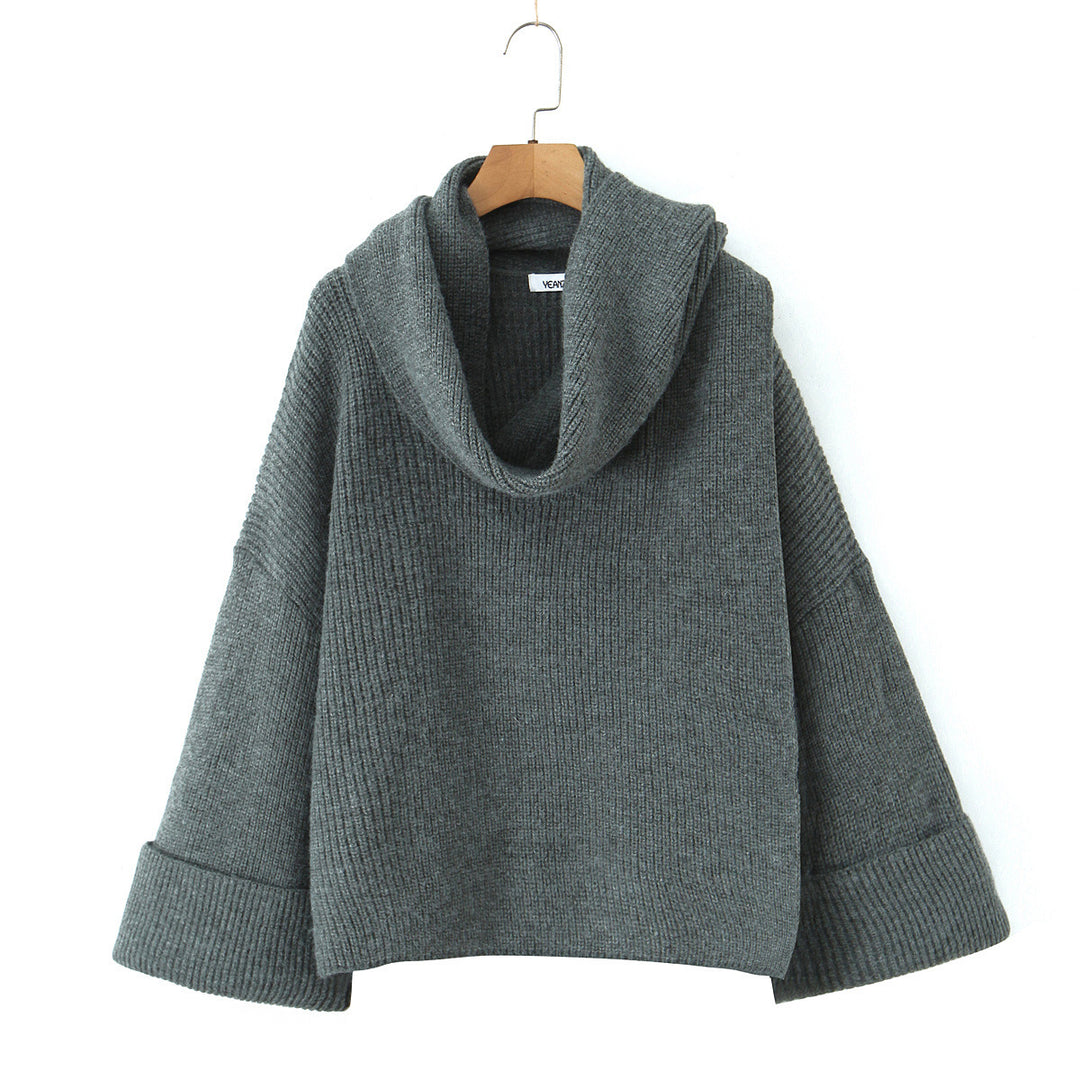 Damen Boxy-Cropped Grobstrick-Pullover mit voluminösem Schalkragen Nord Taschen