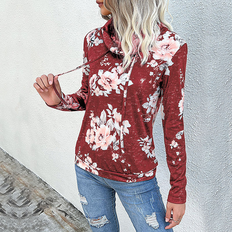 Damen Schlauchkragen-Sweatshirt mit floralem Alloverprint und Kordelzug Nord Taschen