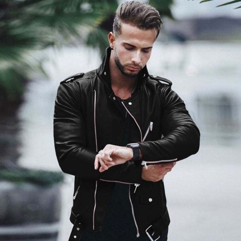 Herren stylische Bikerjacke aus Kunstleder mit asymmetrischem Reißverschluss und tailliertem Schnitt Nord Taschen