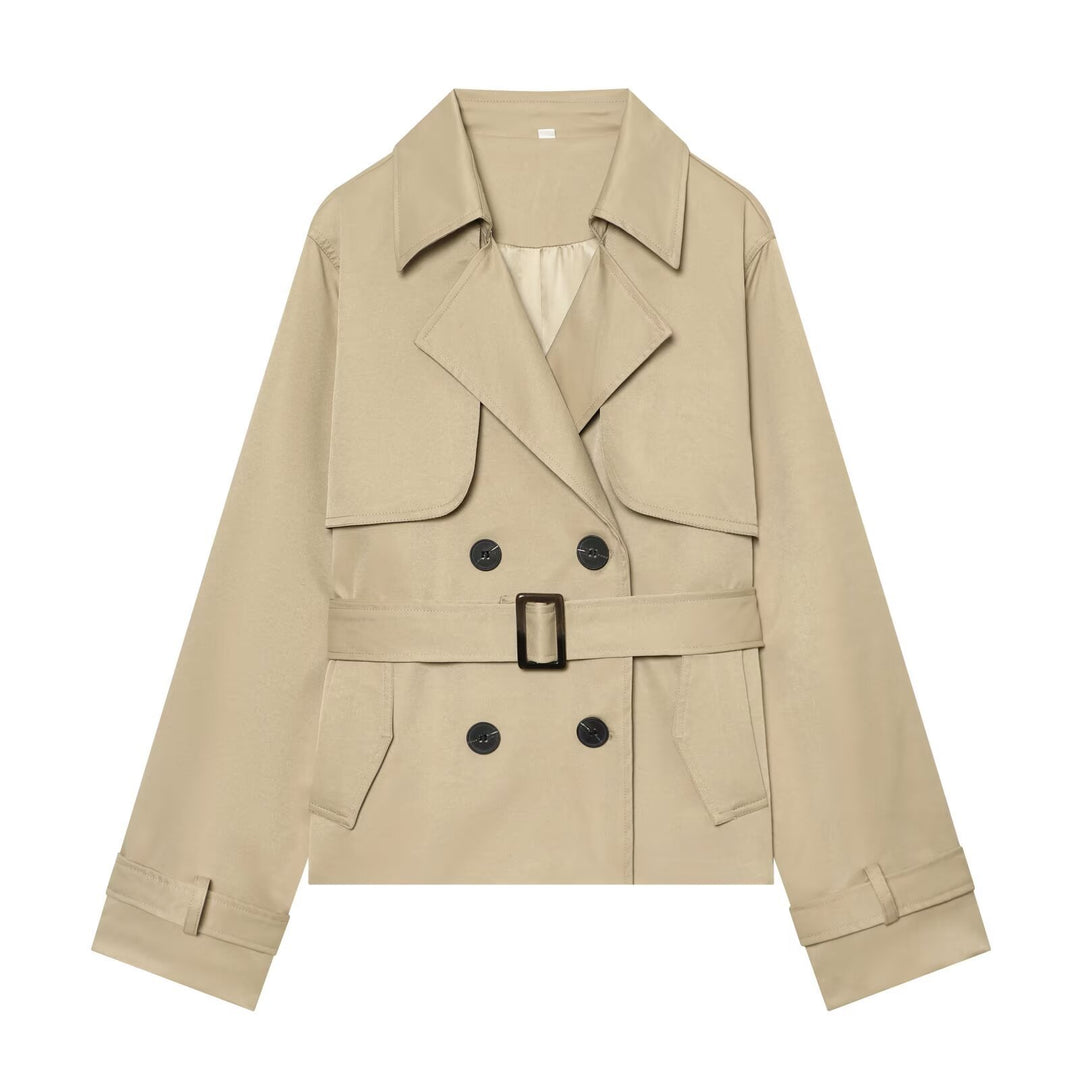 Damen Kurzer Cropped-Trenchcoat mit doppelreihiger Knopfleiste, Taillengürtel und Schulterpatten Nord Taschen