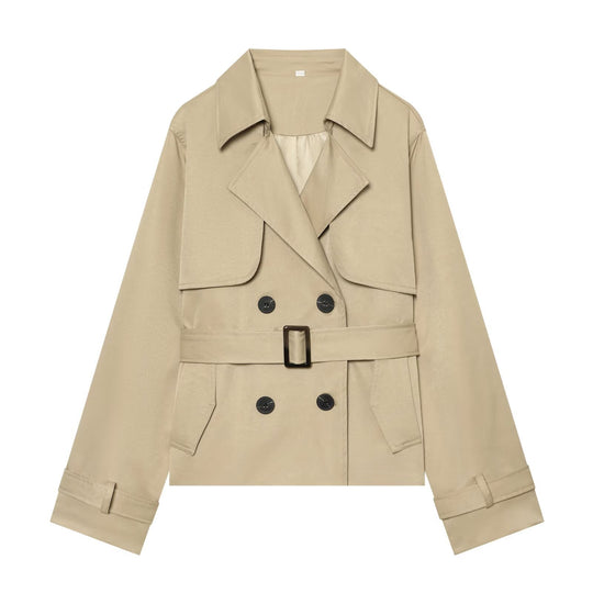 Damen Kurzer Cropped-Trenchcoat mit doppelreihiger Knopfleiste, Taillengürtel und Schulterpatten Nord Taschen