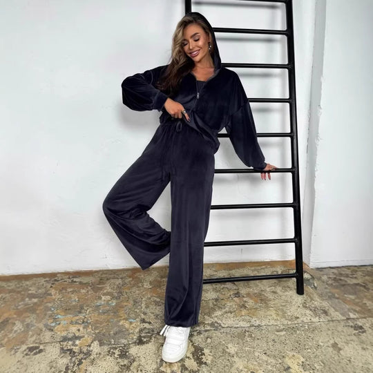 Damen luxuriöses Velours-Lounge-Set mit kurzem Reißverschluss-Hoodie und weitem High-Waist-Hose Nord Taschen