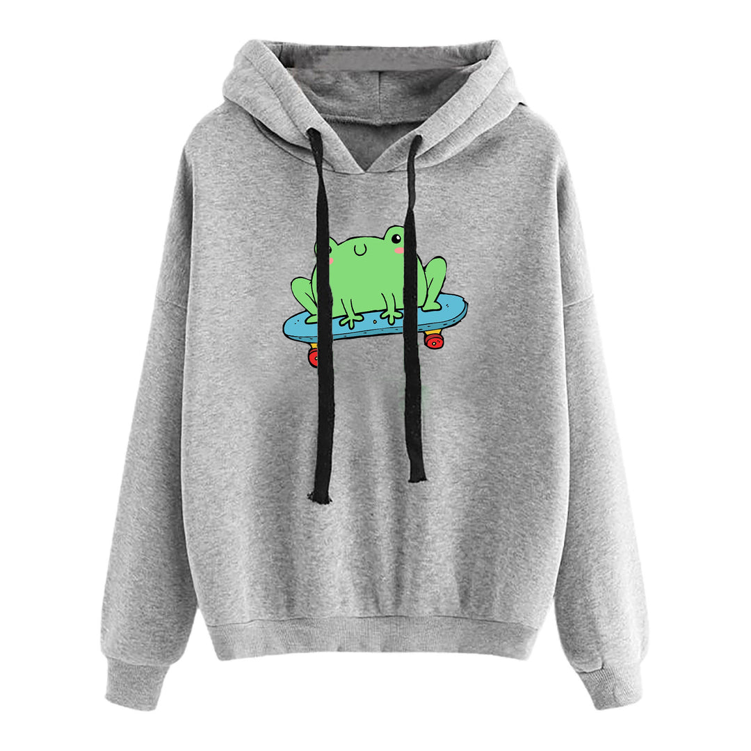 Damen nan kurz geschnittener Cropped-Kapuzenpullover mit niedlicher Frosch-Illustration und verstellbarer Kapuze Nord Taschen
