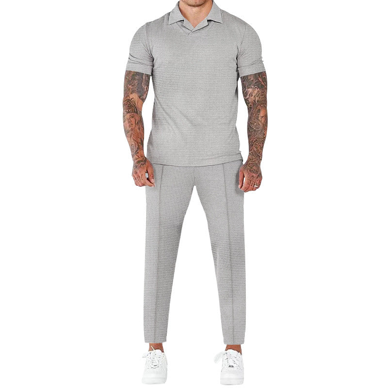 Herren elegantes Kurzarm-Hemd- und Hose-Set mit strukturiertem Design und komfortabler Passform - Arvani
