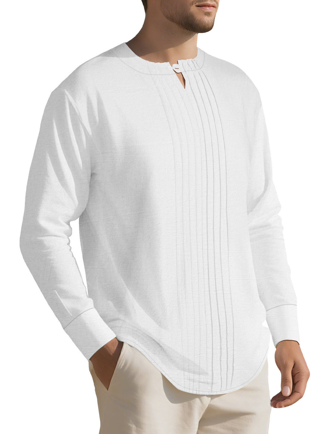 Herren Leichtes Langarmshirt im Leinenlook mit Stehkragen, Kellerfalten und Schlaufenverschluss Nord Taschen