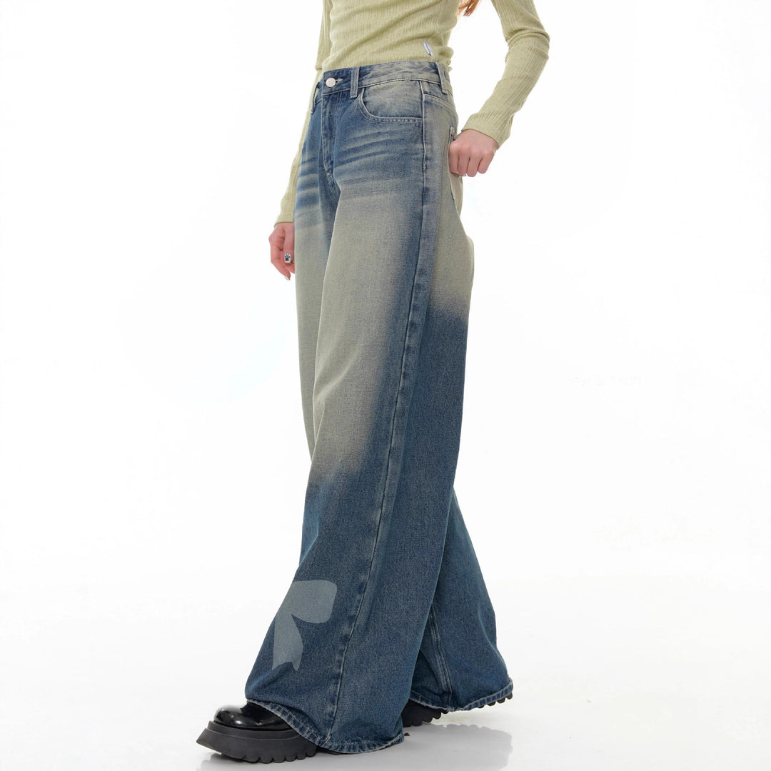 Damen hochtaillierte Palazzohose aus Denim mit extra weitem Bein und Schleifenprint Nord Taschen