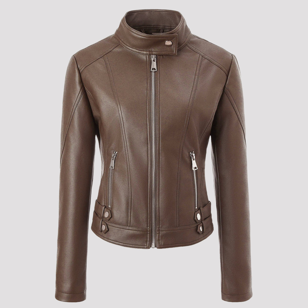 Damen Taillierte Kunstleder-Bikerjacke mit Stehkragen, vertikalen Ziernähten und seitlichen Schnallengurten Nord Taschen