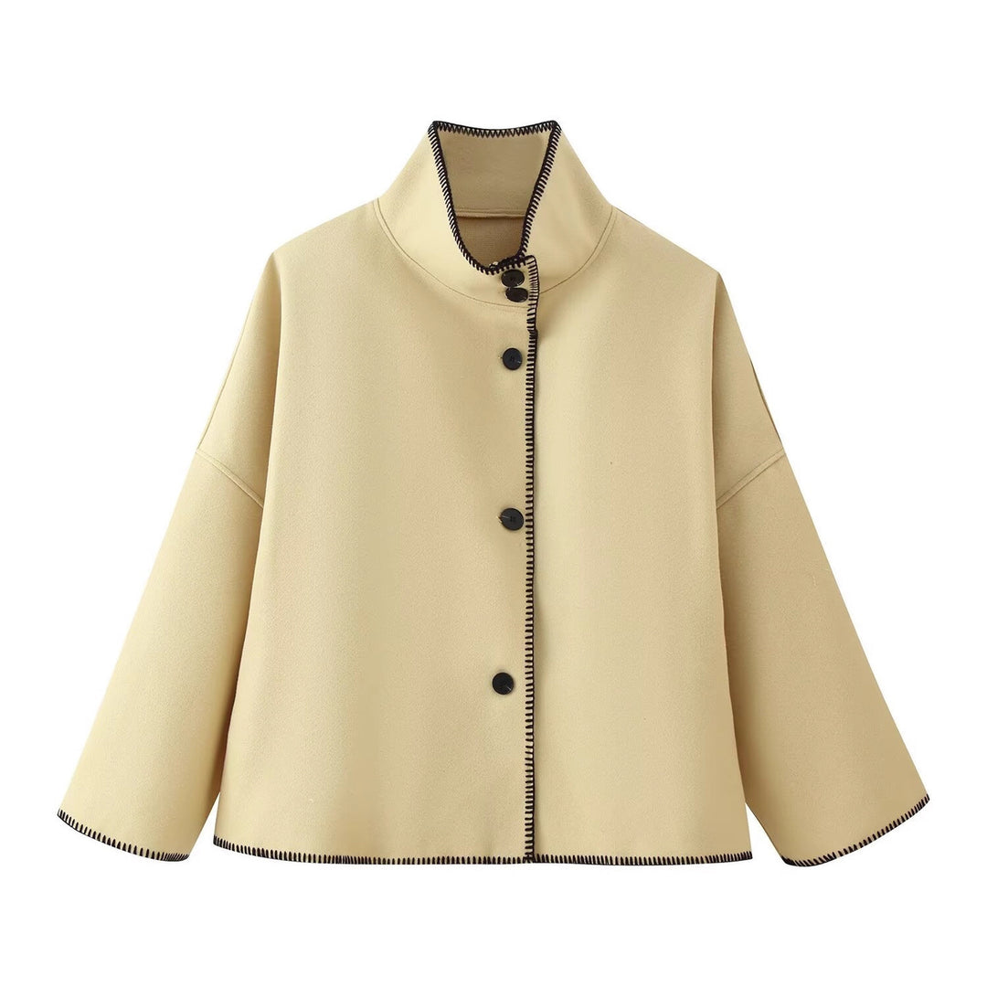 Damen Kurzer kastiger Mantel‑Cape mit Stehkragen und Kontrast‑Ziernaht Nord Taschen
