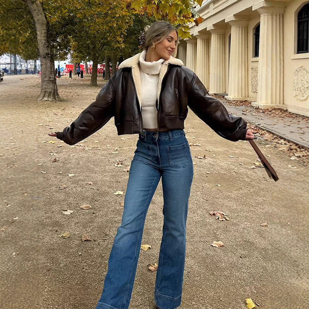 Damen Kurz geschnittene Fliegerjacke mit Teddy-Futter und Oversized-Ärmeln Nord Taschen