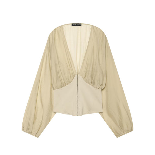 Damen Kurzes Bolero-Blouson mit tiefem V‑Ausschnitt, geraffter Passe und Ballonärmeln Nord Taschen