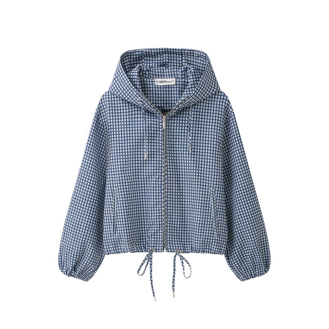 Damen Kariertes Cropped Kapuzenjacke mit Tunnelzug und Reißverschluss Nord Taschen