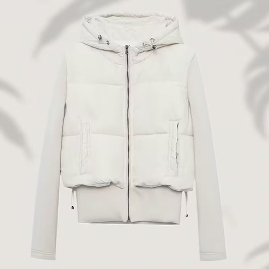 Damen Kurz geschnittene Hybrid-Steppjacke mit Kapuze, Rippbündchen und Tunnelzug Nord Taschen