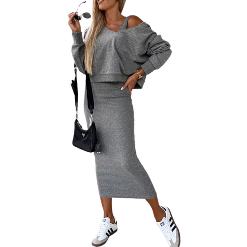 Damen Casual-Set Cropped-Sweatshirt mit Cut-Out-Trägern und High‑Waist Midirock aus Stretch-Fleece Nord Taschen