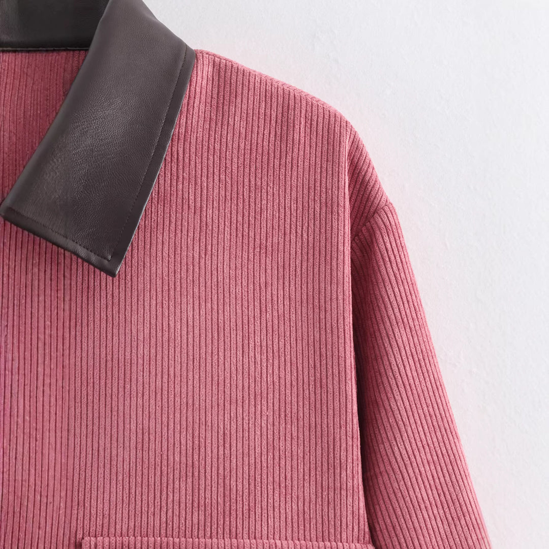 Damen Kurze Cordjacke mit Reißverschluss, großen Pattentaschen und Kunstlederkragen Nord Taschen