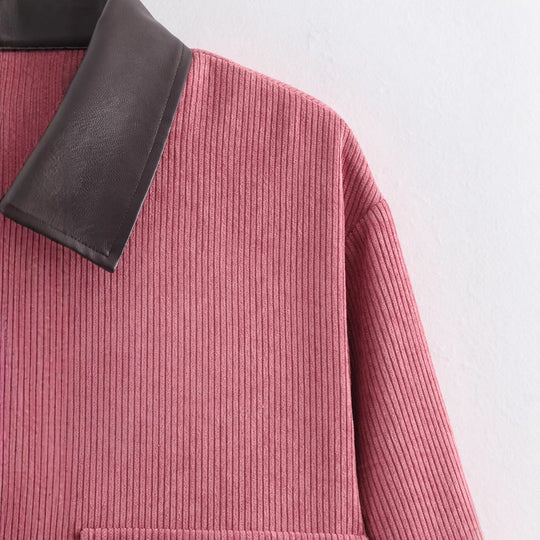 Damen Kurze Cordjacke mit Reißverschluss, großen Pattentaschen und Kunstlederkragen Nord Taschen