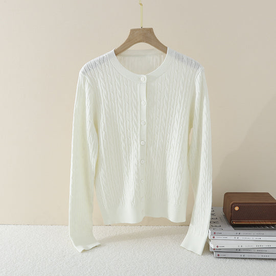 Damen Feiner Zopfmuster-Cardigan mit Rundhals und durchgehender Knopfleiste Nord Taschen