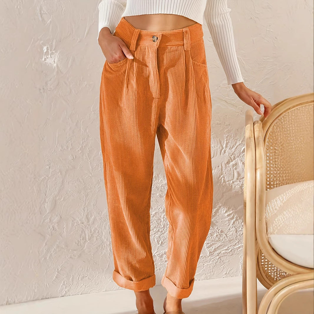 Damen lässige Cordhose mit hoher Taille, lockerer Tapered-Passform und umgeschlagenem Saum Nord Taschen