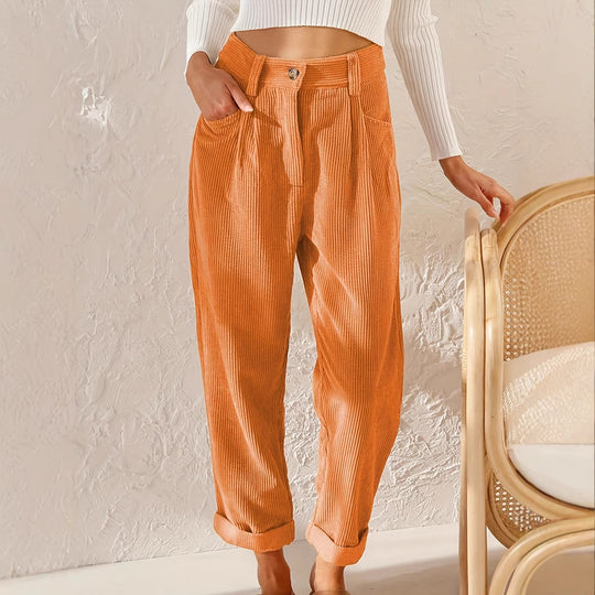 Damen lässige Cordhose mit hoher Taille, lockerer Tapered-Passform und umgeschlagenem Saum Nord Taschen