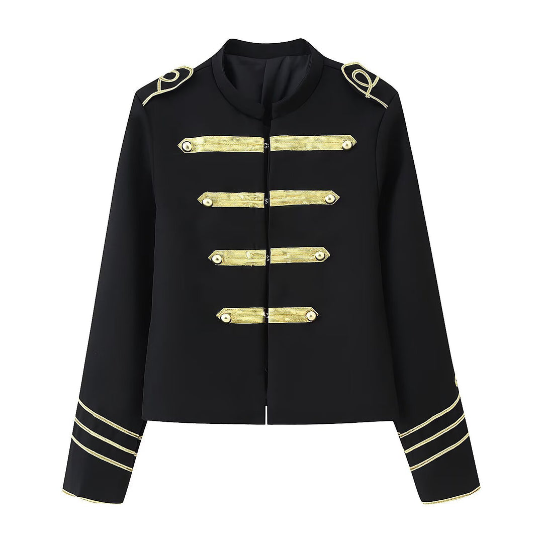 Damen Gekürzte Militärjacke mit goldbestickten Galons und Stehkragen Nord Taschen