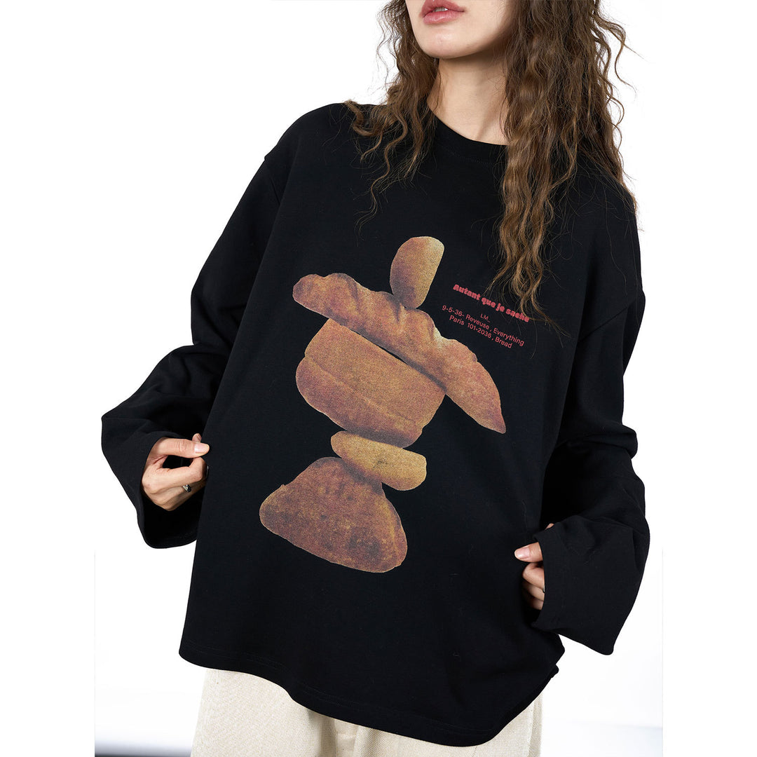 Damen Oversized Langarmshirt mit künstlerischem Steinskulptur-Print Nord Taschen