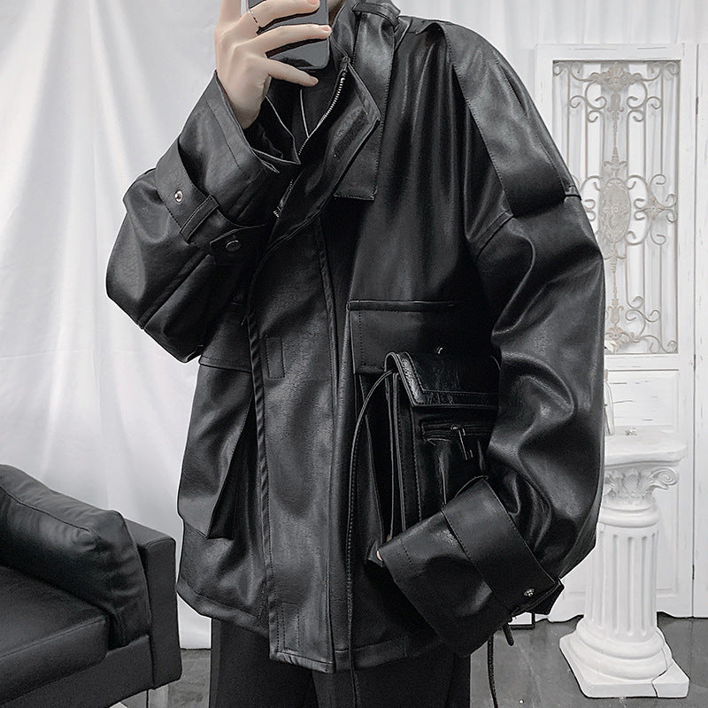Herren Weitgeschnittene Kunstlederjacke mit Kapuze, Utility-Taschen und verstellbaren Manschetten Nord Taschen