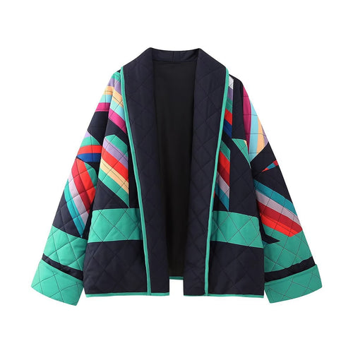 Damen Stepp-Kimonojacke mit geometrischem Colorblock-Print und offener Front Nord Taschen