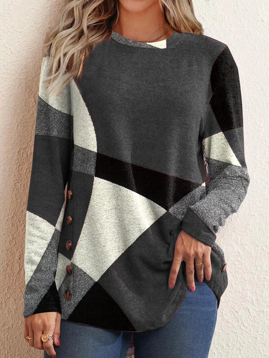 Damen Feinstrickpullover mit geometrischem Colorblock und Zierknöpfen Nord Taschen
