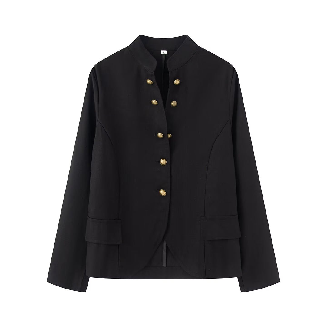 Damen Elegante Kurzjacke mit Stehkragen, Zierriegelknöpfen und Pattentaschen Nord Taschen