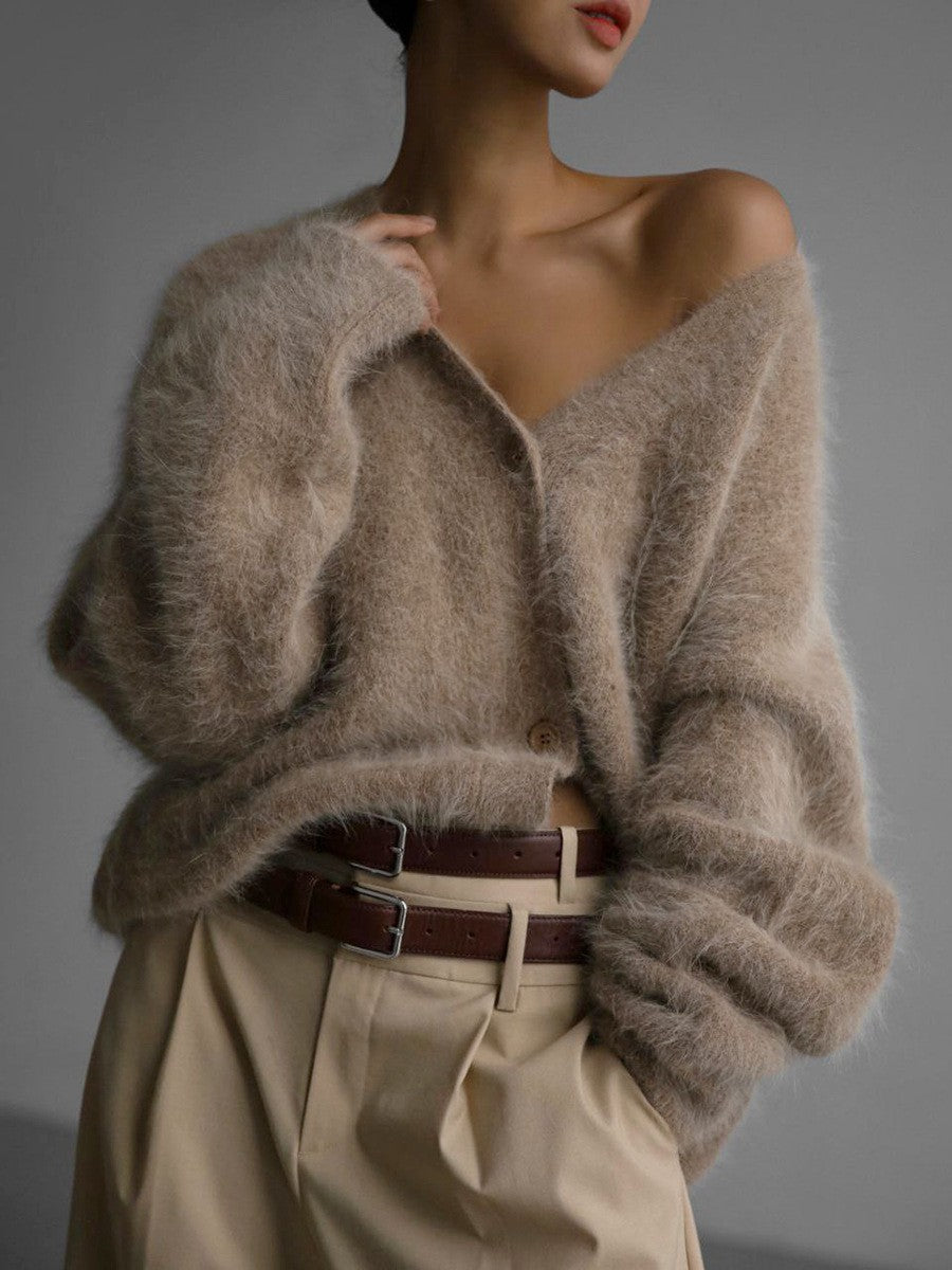 Damen Flauschige Mohair-Optik Strickjacke mit V-Ausschnitt und Oversize-Schnitt Nord Taschen