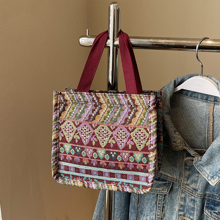 Damen Trendige Jute-Tasche mit buntem Ethnomuster Nord Taschen