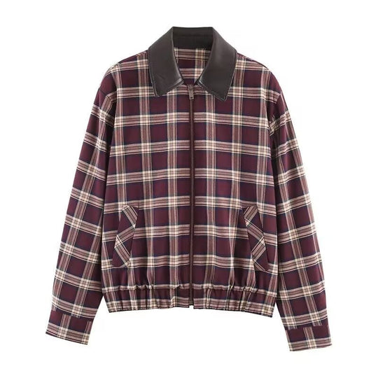 Damen Karierte Blousonjacke mit kontrastierendem Lederkragen und elastischem Saum Nord Taschen