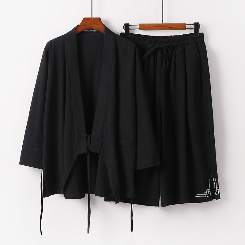 Damen Zen-Kimono-Lounge-Set aus atmungsaktivem Baumwollmix mit Bindebandjacke und weiten Culotte-Hose Nord Taschen