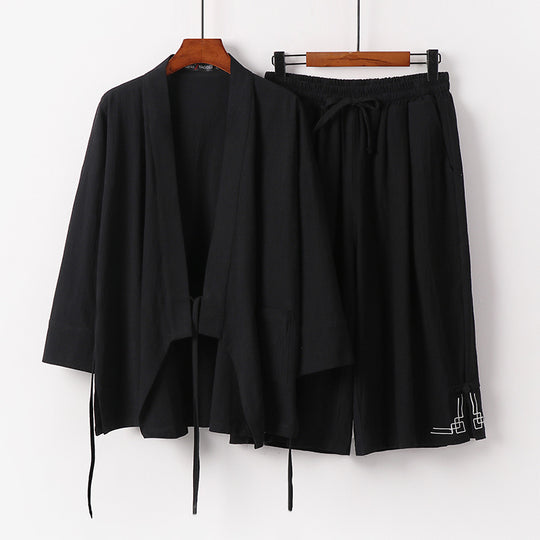 Damen Zen-Kimono-Lounge-Set aus atmungsaktivem Baumwollmix mit Bindebandjacke und weiten Culotte-Hose Nord Taschen