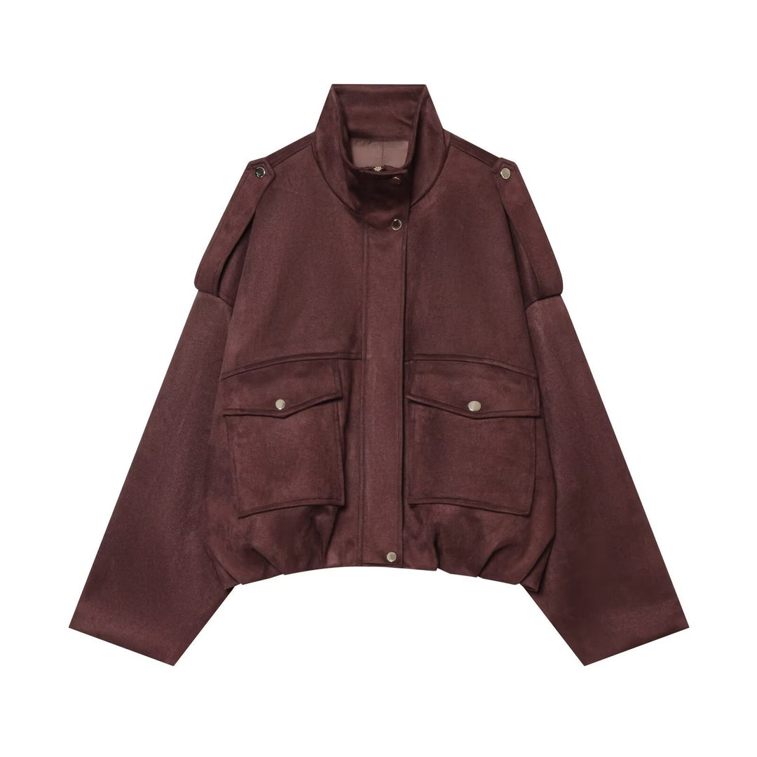 Damen Kurze Boxy-Jacke in Wildlederoptik mit Funnelkragen und Pattentaschen Nord Taschen