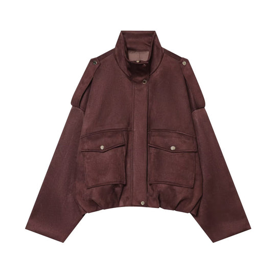 Damen Kurze Boxy-Jacke in Wildlederoptik mit Funnelkragen und Pattentaschen Nord Taschen