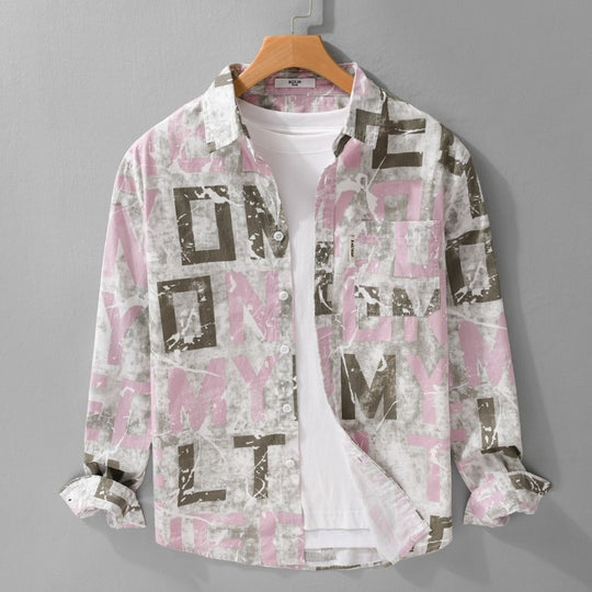 Herren Langarm-Hemdjacke mit großflächigem Typo‑Print aus Baumwollmix Nord Taschen