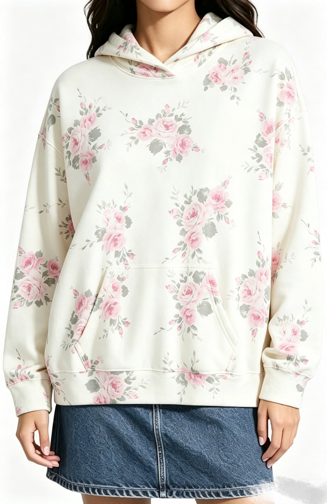 Damen Oversize-Kapuzenpullover mit Leomuster, Kängurutasche und überschnittener Schulter Nord Taschen