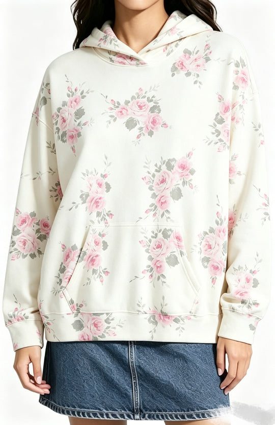 Damen Oversize-Kapuzenpullover mit Leomuster, Kängurutasche und überschnittener Schulter Nord Taschen