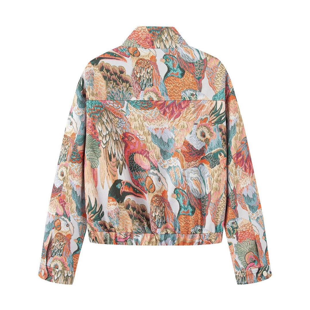 Damen gestickte Bomberjacke mit Vogelmotiven und aufgesetzten Taschen Nord Taschen