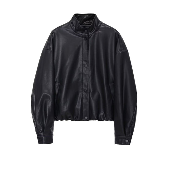 Damen Kurz geschnittener Oversize‑Bomber im Bikerstil aus veganer Lederoptik mit Stehkragen Nord Taschen