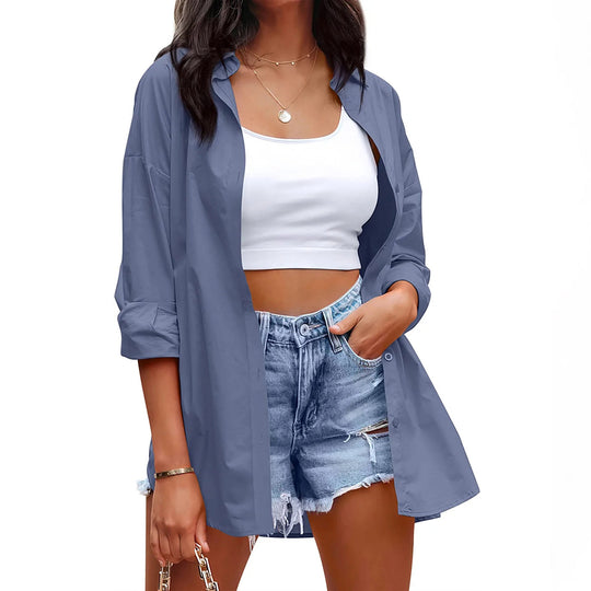 Damen lässige Leinenbluse mit langen Ärmeln und Knopfleiste