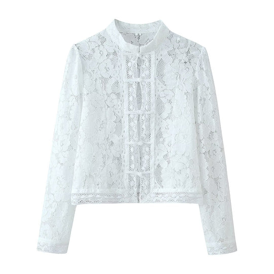 Damen Spitze Jacke mit Stehkragen, chinesischen Knoten und transparentem Floral-Design Nord Taschen