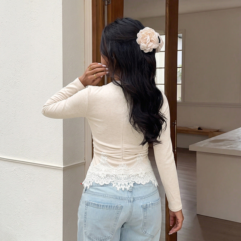Damen Elegantes Langarmshirt mit Spitzenbordüre Nord Taschen