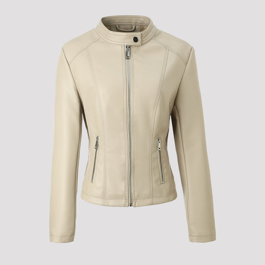 Damen Taillierte Lederjacke mit Stehkragen, vertikalen Ziernähten und Reißverschlusstaschen Nord Taschen